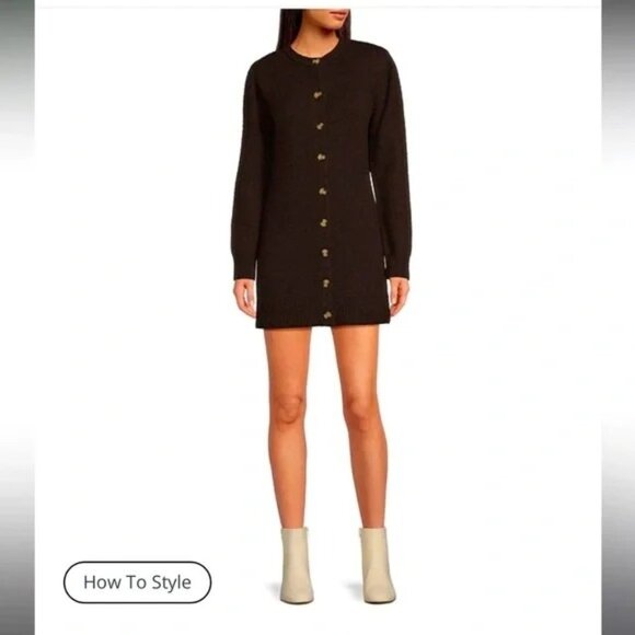 Giani Bini Wool Blend Long Sleeve Button Front Mini Cardigan Dress L Chocolate B - Picture 1 of 9